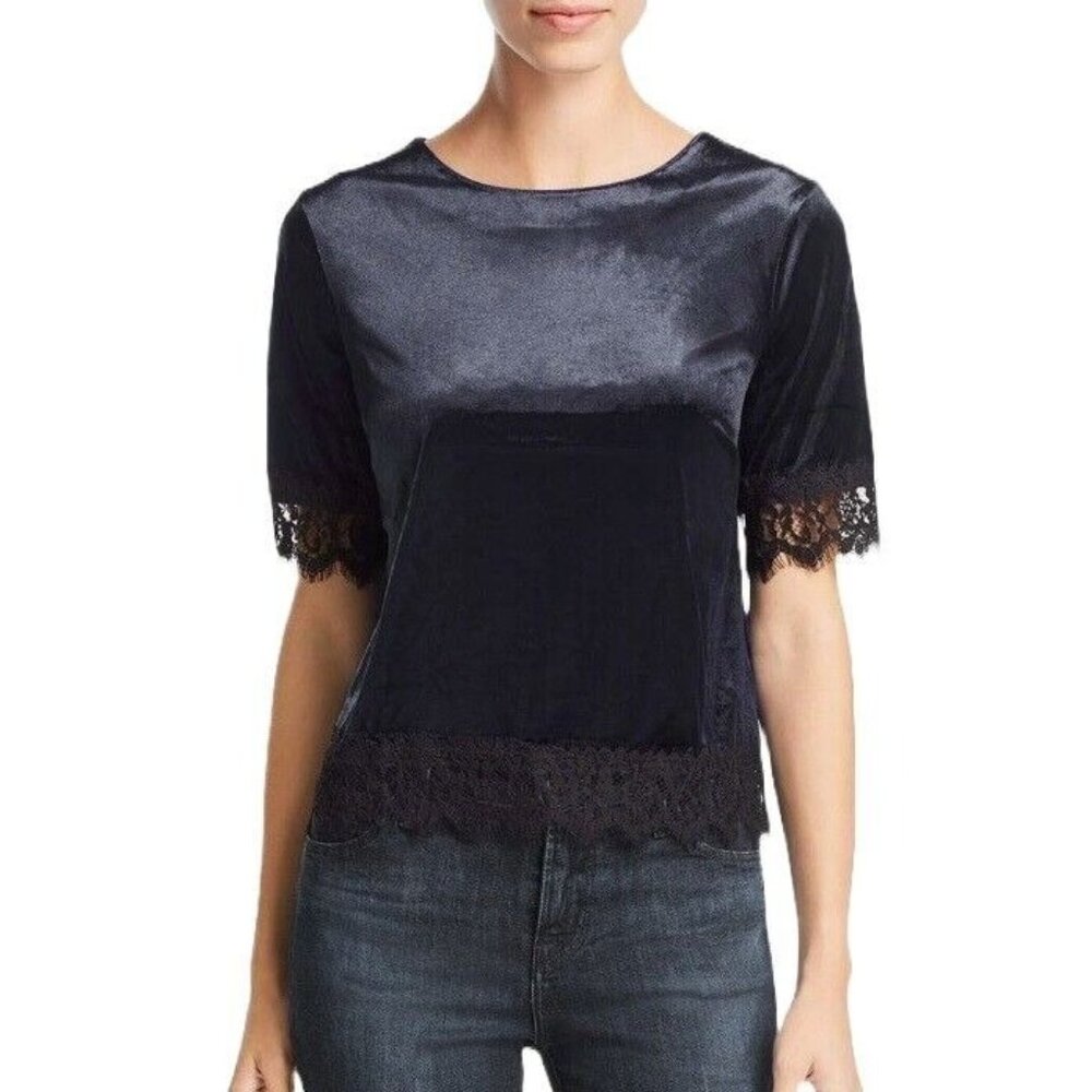 Three Dots Blouse Size Small Panne Velvet Lace Trim Charcoal Gray VM1558